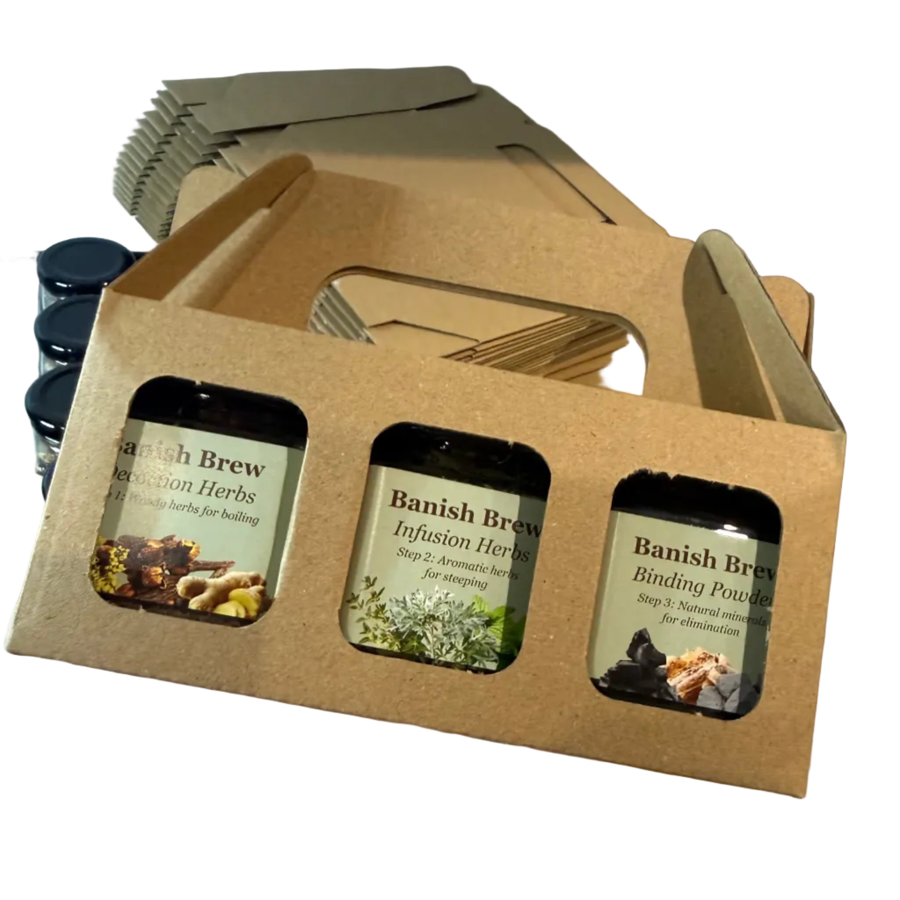 Hand holding a cardboard packaging with three small containers labeled 'Banish Brew'.