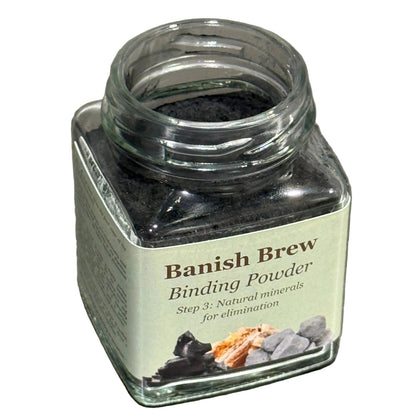 Glass jar labeled 'Banish Brew' 