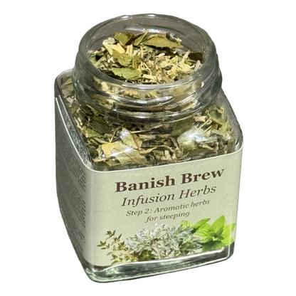 Jar of dried Infusion herbs labeled 'Banish Brew' 